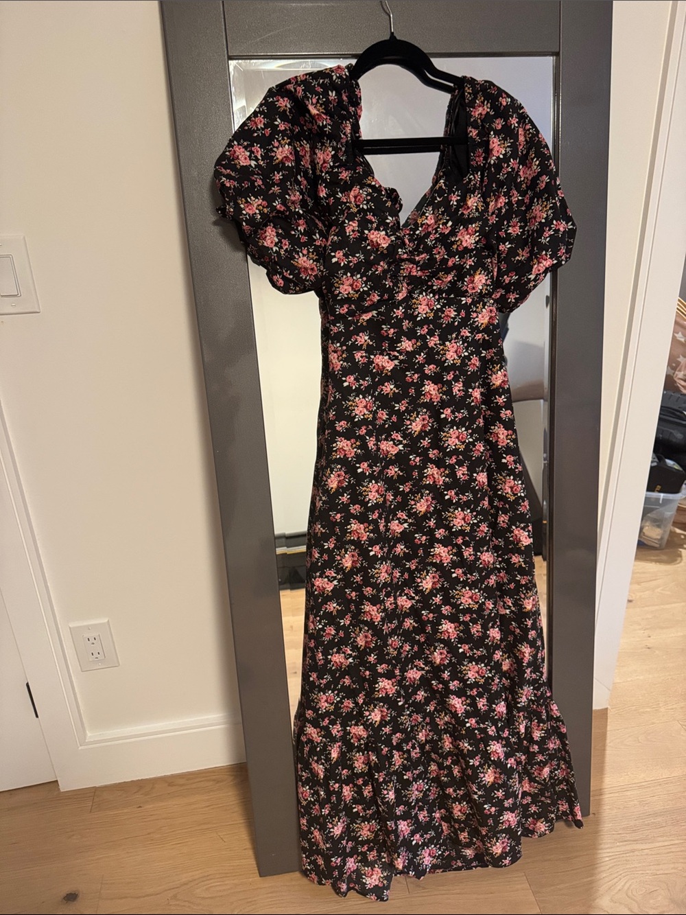 Hyacinth House Black Maxi Dress with Pink Floral Print and Puff Sleeves